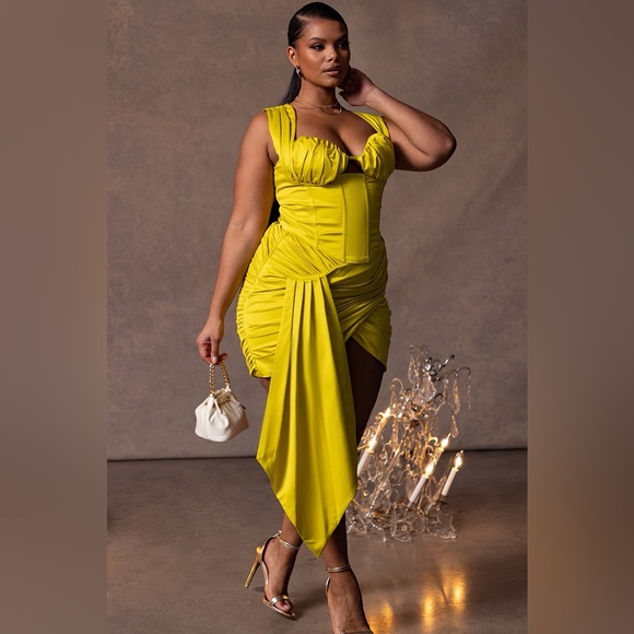 PrettyLittleThing Dresses & Skirts - Pretty Little Thing Chartreuse Satin Ruched Drape Bodycon Skirt